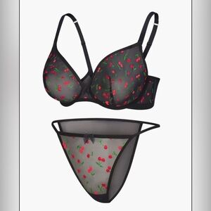 Savage X Fenty Puff Cherries Glitter Embroidered Unlined Demi Bra and Panties